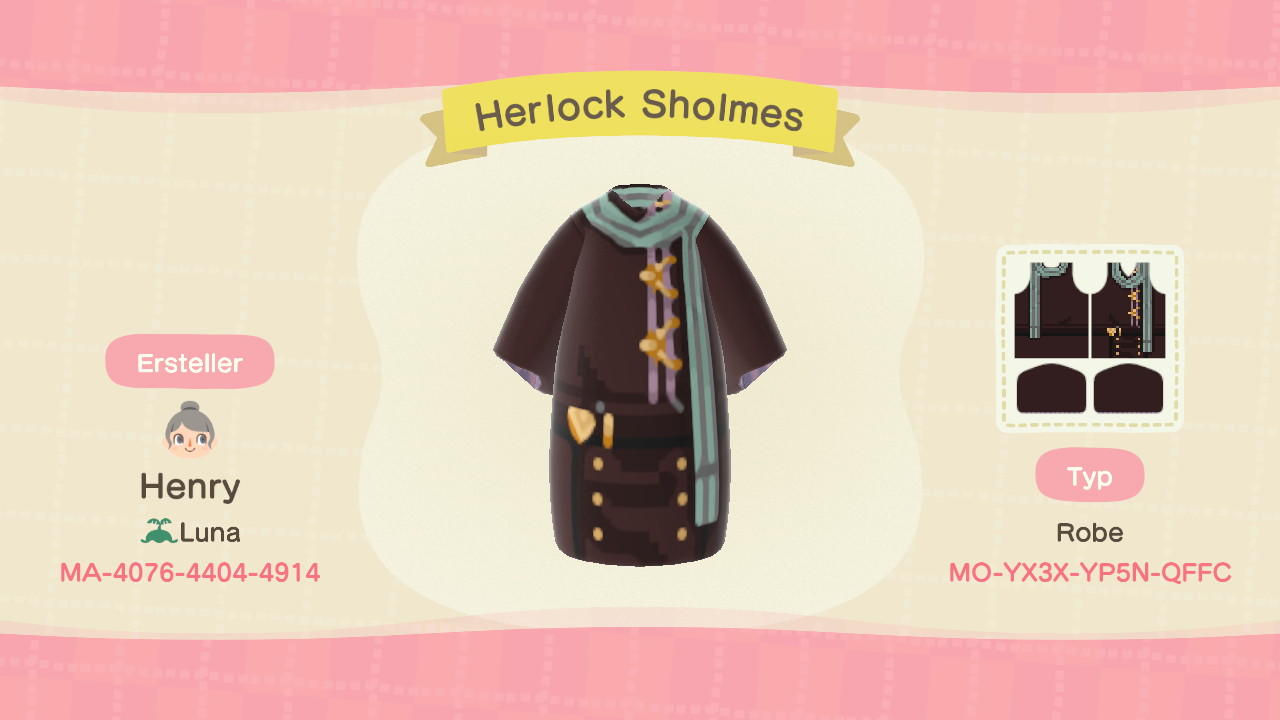 Animal Crossing Design Code: MO-YX3X-YP5N-QFFC Herlock Sholmes