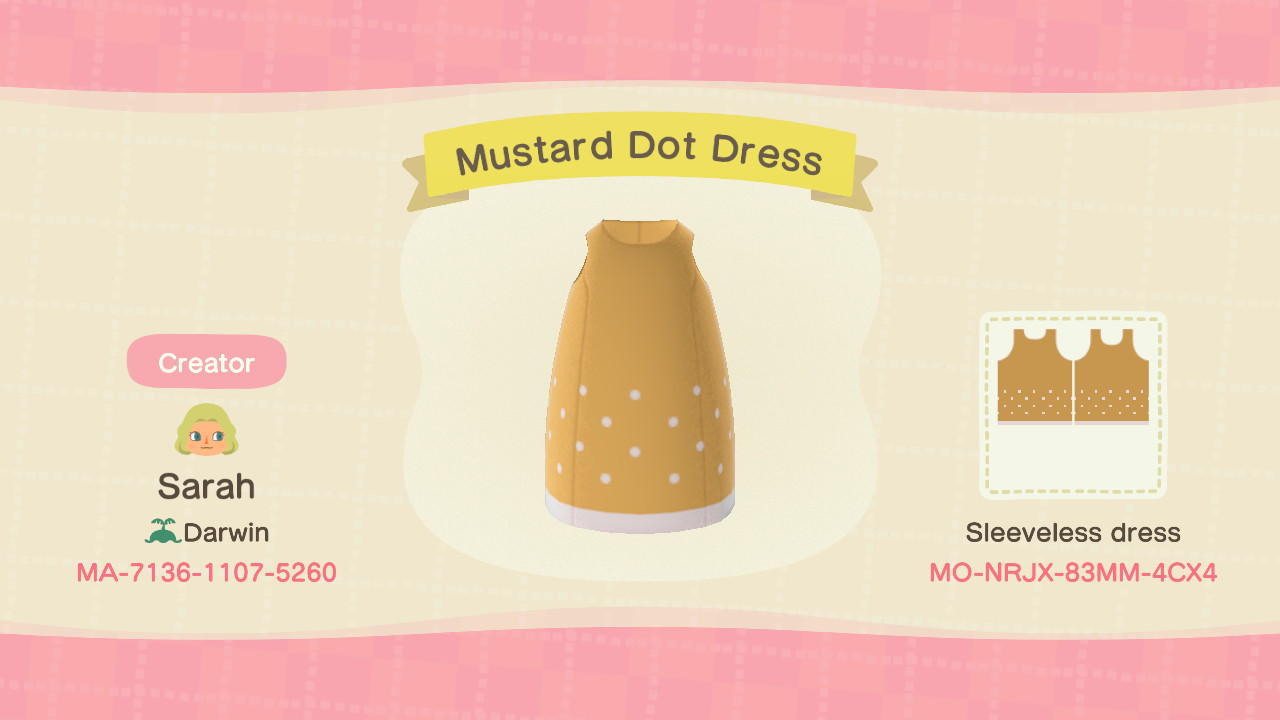 Animal Crossing Design Code: MO-YXNP-BP8D-KJ4Q Mustard Dot Dress