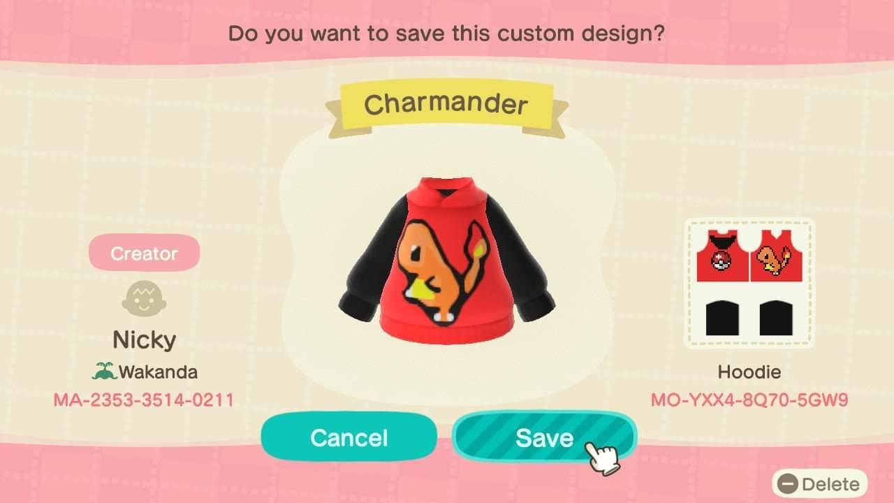 Animal Crossing Design Code: MO-YXX4-8Q70-5GW9 Charmander