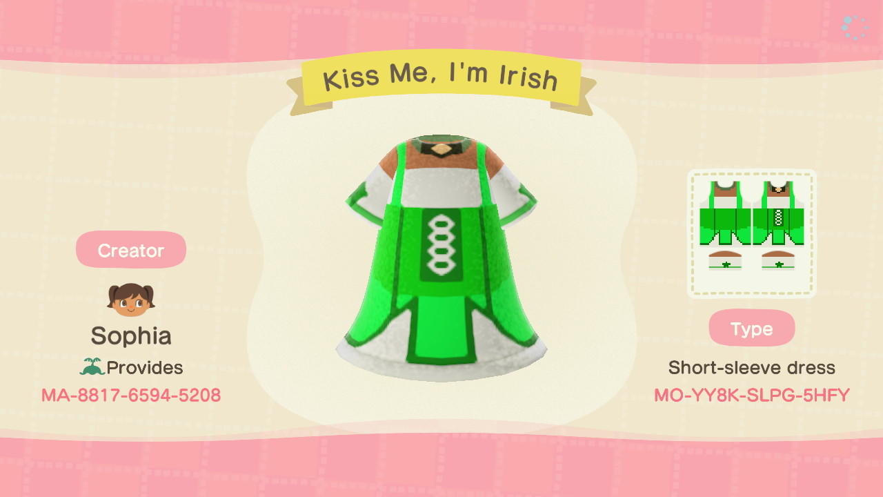 Animal Crossing Design Code: MO-YY8K-SLPG-5HFY Kiss Me, I'm Irish
