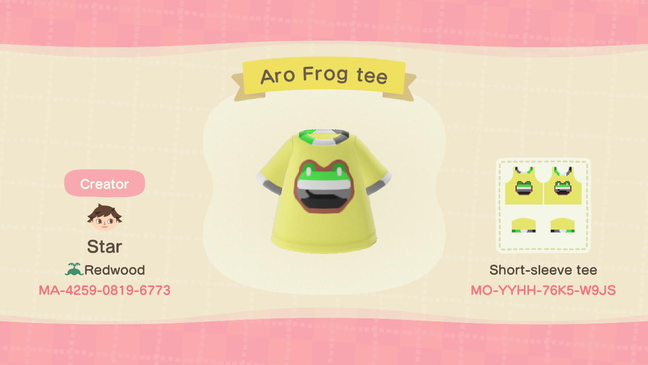 Animal Crossing Design Code: MO-YYHH-76K5-W9JS Aro frog tee