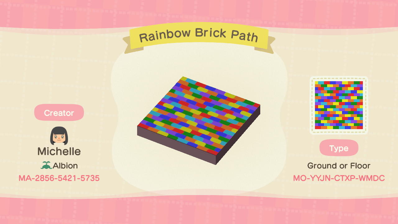 Animal Crossing Design Code: MO-YYJN-CTXP-WMDC Rainbow Brick Path