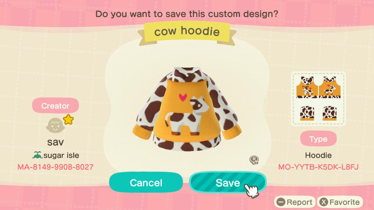 Animal Crossing Design Code: MO-YYTB-K5DK-L8FJ Cow Hoodie