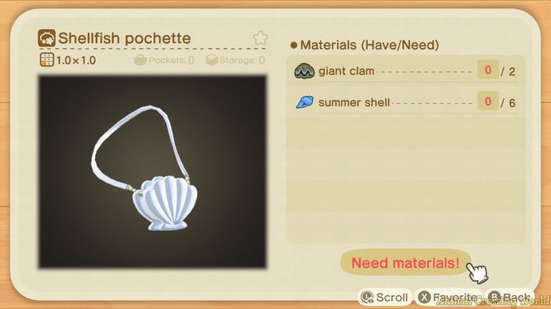 Animal Crossing New Horizons Summer Shell DIY Recipe - Shellfish Pochette