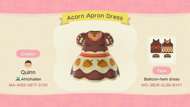 ACNH Cottagecore & Country theme Custom Design Codes - Acorn Apron Dress