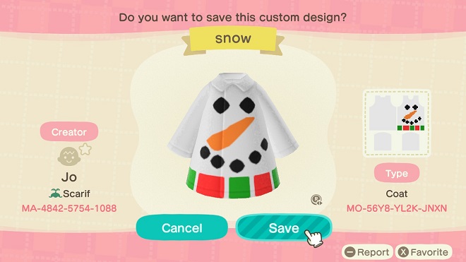 ACNH Christmas Costume Custom Design Codes - Snow Coat