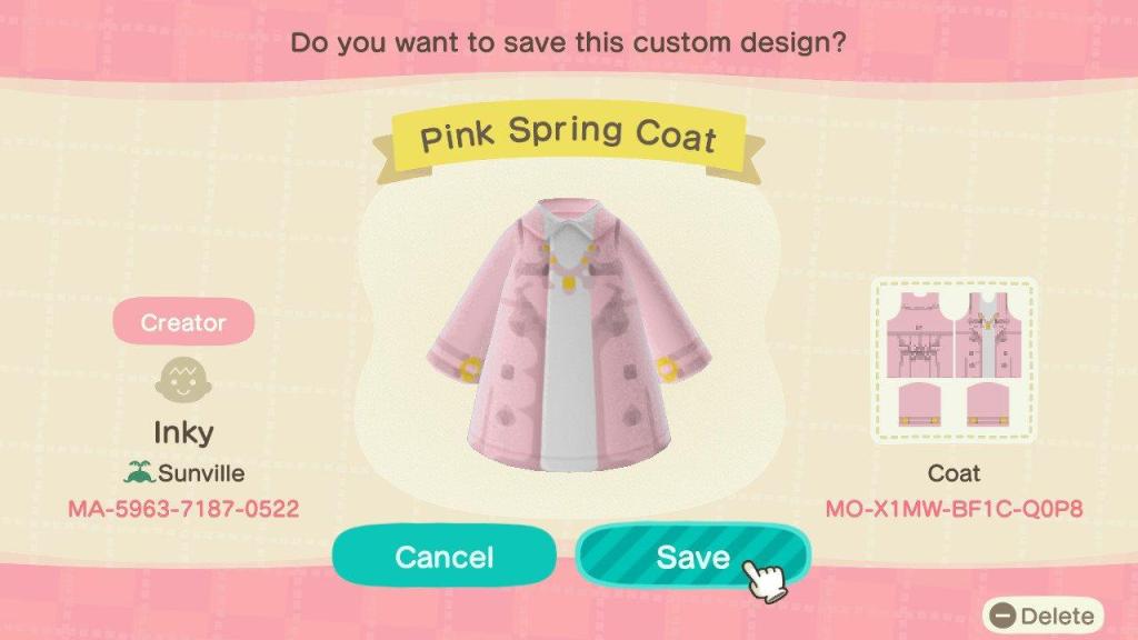 ACNH Spring Costume Custom Design Code - Pink Spring Coat - 4