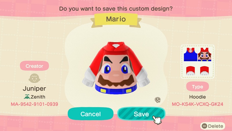ACNH Mario Clothing Custom Design 1 - Mario Hoodie