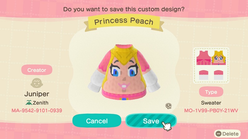 ACNH Mario Clothing Custom Design 1 - Princess Peach Sweater
