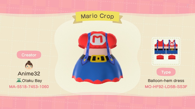 ACNH Mario Clothing Custom Design 4 - Mario Crop Balloon-Hem Dress