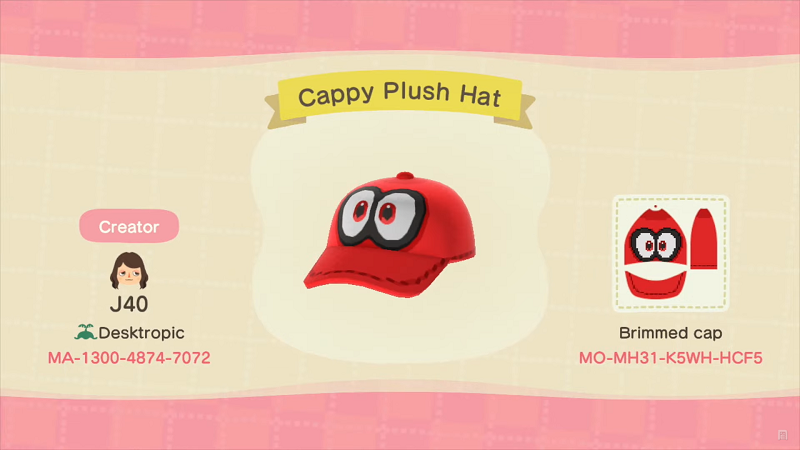 ACNH Mario Clothing Custom Design 8 - Cappy Plush Hat
